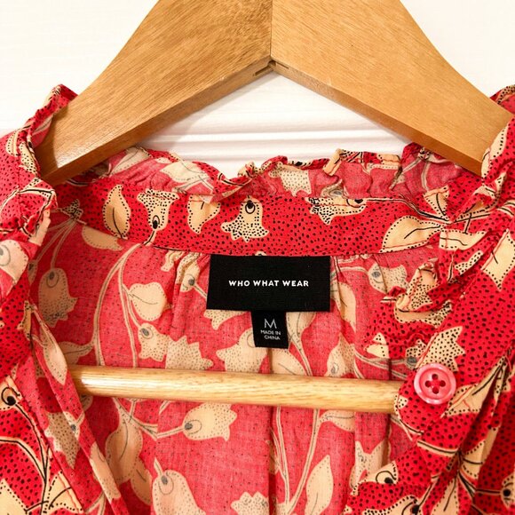 Who What Wear Red Floral High Neck Blouse Ruffle Trim Women’s Size Medium EUC - Picture 5 of 7